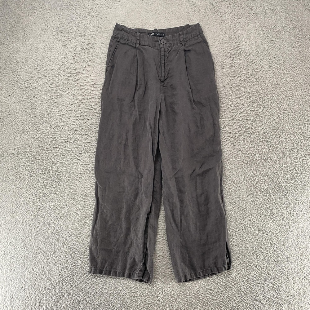 Zara Linen Pants Womens Small Gray Pleated Relaxed‎ Ankle Summer Beachy Travel